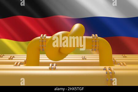 Gazoduc avec un nœud sur fond de drapeaux allemands et russes. Sanctions économiques industrielles de l'UE. Embargo sur l'énergie. Exportation d'importations de pétrole à partir du Banque D'Images