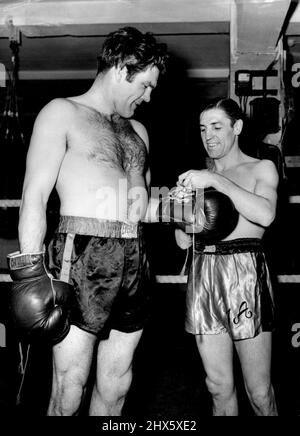 Se préparer pour DartmoorDiminutive Terry Allen, ancien champion du poids-mouche, s'attache sur d'énormes gants d'oreiller pour l'ex-détenteur du titre poids-lourd léger Freddie Mills avant un entraînement au gymnase Cambridge, Earlham Street, Londres.massive Freddie, maintenant promoteur de boxe, est-il de nouveau entré sur le ring dimanche, Quand il donnera un combat d'exposition pour les prisonniers de Dartmoor. 15 août 1952. (Photo de Reuterphoto). Banque D'Images