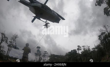 OKINAWA, Japon — les membres du Groupe des 1st forces spéciales (Airborne) ont participé à un exercice de guerre de la jungle menée par la Division Marine de 3rd à Okinawa, Japon, du 14 au 18 février 2022. JWX 22 est un exercice de formation sur le terrain à grande échelle axé sur l'exploitation des capacités intégrées des partenaires conjoints et alliés afin de renforcer la sensibilisation, la manœuvre et les incendies de tous les domaines dans un environnement maritime distribué dans la région Indo-Pacifique. Les États-Unis et le Japon ont forgé une relation fondée sur une vision commune de la paix, de la prospérité, de la démocratie et du respect de la primauté du droit. ( Banque D'Images