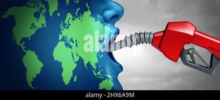 Le concept de pétrole mondial et la dépendance des combustibles fossiles internationaux comme la terre de la planète boire du pétrole à partir d'une pompe comme symbole de l'industrie de l'énergie. Banque D'Images