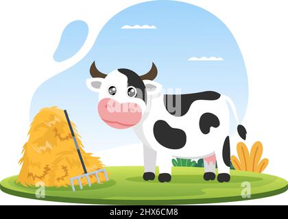 Vaches laitières photos avec vue sur un pré ou une ferme à la campagne pour manger de l'herbe dans un style d'illustration plat Illustration de Vecteur