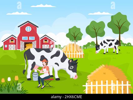 Les agriculteurs latent des vaches pour produire ou obtenir du lait avec vue sur Green Meadows ou sur les fermes dans un style d'illustration plat Illustration de Vecteur