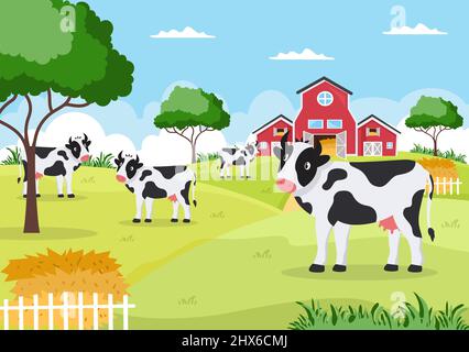 Vaches laitières photos avec vue sur un pré ou une ferme à la campagne pour manger de l'herbe dans un style d'illustration plat Illustration de Vecteur