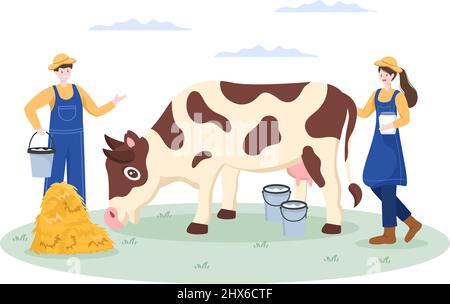 Les agriculteurs latent des vaches pour produire ou obtenir du lait avec vue sur Green Meadows ou sur les fermes dans un style d'illustration plat Illustration de Vecteur