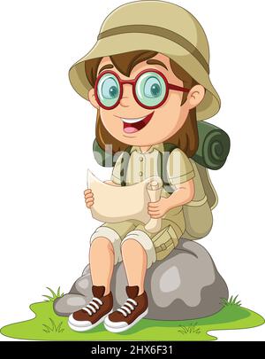 Cartoon Girl scout sur le rocher lisant une carte Illustration de Vecteur