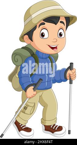 Petit garçon de dessin animé en costume safari avec bâton de marche Illustration de Vecteur
