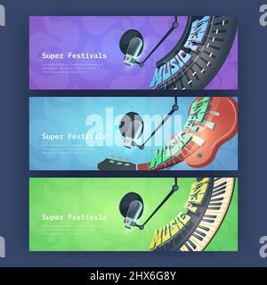 Affiches Super festival avec instruments de musique et microphone. Vecteur d'invitation à la fête jazz, rock ou pop, fête musicale avec synthétiseur de dessins animés, guitare et matériel d'enregistrement sonore Illustration de Vecteur