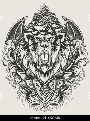 illustration de la tête de lion vecteur avec gravure d'ornement vintage Illustration de Vecteur