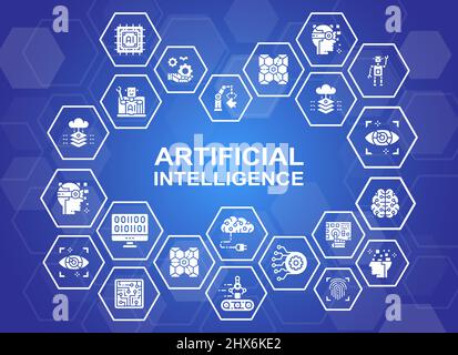 Icône de promotion de l'intelligence artificielle bannière avec texte. Robotique, Chatbot, base de données, éléments de conception Big Data avec illustration d'icône linéaire Illustration de Vecteur