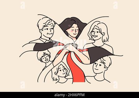 Calme bonne jeune femme garder la famille dans le coeur. Souriante fille reconnaissant se sentir amour et soin à la famille. Notion de lien émotionnel et d'attachement. Bonne relation. Illustration vectorielle plate. Illustration de Vecteur