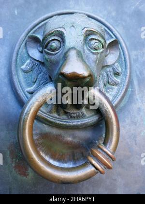 Un bouton de porte avec un anneau à travers sa bouche. Il fait partie de la porte d'entrée principale de la cathédrale d'Osnabrück. Je pense qu'il s'agit d'un lion de peur Banque D'Images