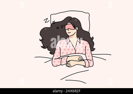 Jeune femme calme avec masque oculaire couché relaxant dans un lit mou dormir ou prendre la sieste. Fille millénaire détendue endormie dans la chambre, voir des rêves la nuit. Relaxation et fatigue. Illustration vectorielle. Illustration de Vecteur