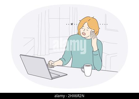 Fatigue épuisement et stress concept. Jeune femme d'affaires fatiguée travaillant au bureau à l'ordinateur portable et se sentant endormi et fatigué au travail illustration vectorielle Illustration de Vecteur