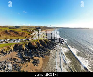 Vue aérienne des plages de Combesgate et Woolacombe - Woolacombe, Devon, Royaume-Uni Banque D'Images
