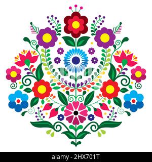 Composition vectorielle mexicaine traditionnelle de broderie fleurie avec fleurs, motif vibrant inspiré de l'art populaire mexicain Illustration de Vecteur