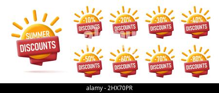3d icône de soleil avec ruban rouge autour de lui, étiquette ou étiquettes ensemble, pourcentage de rabais de vente Illustration de Vecteur