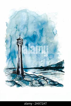 Phare. Aquarelle. Peinture de phare, de mer et de ciel. Banque D'Images