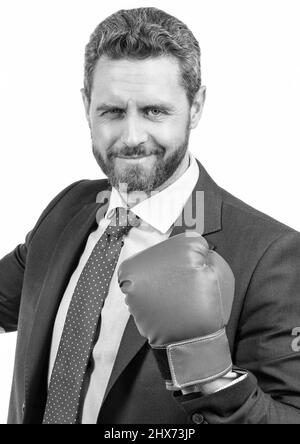 Portrait de l'homme professionnel avec le visage heureux faire oui geste dans le gant de boxe, succès Banque D'Images