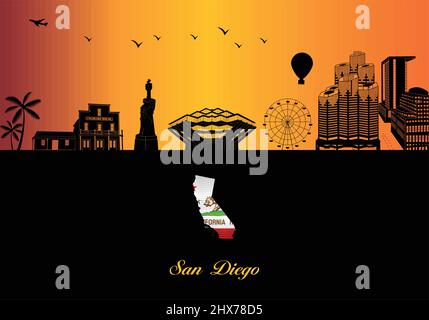 Silhouette d'horizon de la ville de San Diego - illustration, ville en arrière-plan Orange, carte de Californie Illustration de Vecteur