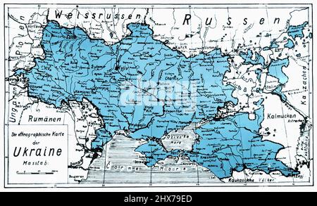 Carte ethnographique de l'Ukraine vers 1945, imprimée à l'origine sur une plaque métallique de 15 x 10 cm, et diffusée parmi les personnes déplacées dans l'Allemagne de l'après-guerre. Banque D'Images