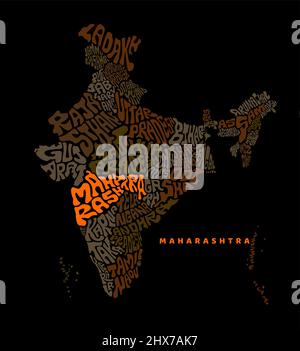Lettrage de carte Maharashtra avec l'inde. Inde lettrage de la carte avec la carte de maharashtra en vue. Illustration de Vecteur