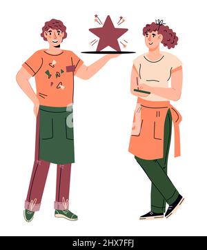 Serveurs amicaux employés de restaurant avec des plateaux et une marque d'étoiles de service de qualité, dessin animé plat vecteur illustration isolée sur fond blanc. Resta Illustration de Vecteur