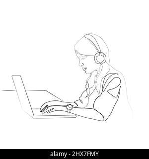 Vector ligne dessin fille avec ordinateur portable continuellement dessiné à la main un dessin de ligne. Illustration vectorielle freelance Work. Dessin au trait Illustration de Vecteur