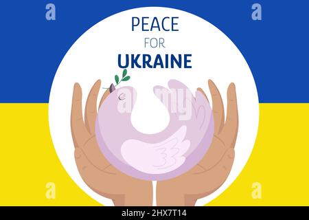 La paix pour l'Ukraine. Deux mains tenant le pigeon, colombe dans un cercle blanc sur le drapeau ukrainien de couleur bleu et jaune. Illustration du concept d'arrêt de guerre. Illustration de Vecteur