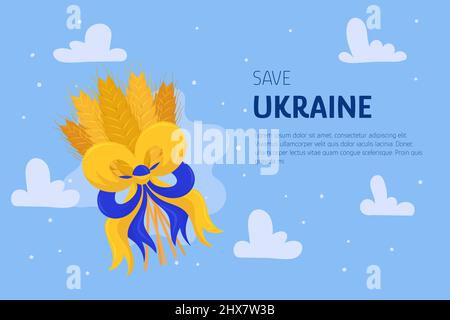 Blé avec drapeau ukrainien couleurs ruban sur fond bleu ciel. Sauver l'arrière-plan du concept de l'Ukraine. Panneau stop war. Illustration de Vecteur