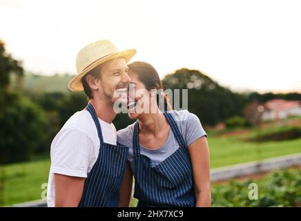 Travailler ensemble. Photo courte d'un jeune couple affectueux qui rit en travaillant sur sa ferme privée. Banque D'Images