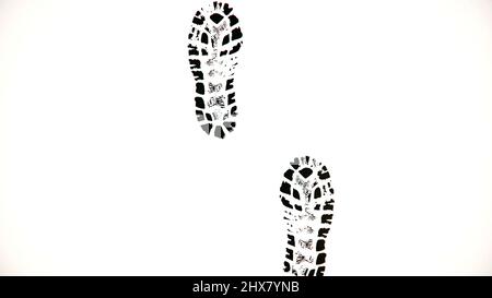 Marques de chaussures sur fond blanc. Animation abstraite de la marche devant des imprimés noirs sur fond blanc Banque D'Images