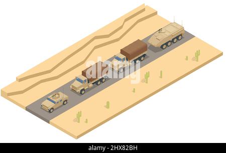 Colonne isométrique d'équipement militaire sur la route. Véhicule militaire camion militaire isolé sur fond blanc Illustration de Vecteur