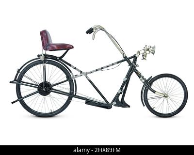 Sesselrad (vélo confortable), Stuttgart, Allemagne, 1922, vue latérale, côté roue. Nombre de rapports: 3, fonctionne selon la pédale que vous utilisez cadre en acier taille de roue: 51cm avant/65cm arrière caractéristiques spéciales: Position aérodynamique assise - plus ergonomique Banque D'Images