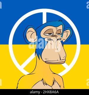 Ukraine lassé ape Yacht club NFT. Singe bleu et jaune avec signe de paix. Illustration du singe isolée sur fond de drapeau national de l'Ukraine Illustration de Vecteur