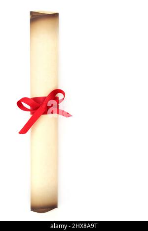 Vieux rouleau parchemin roulé et attaché avec ruban rouge. Sur fond blanc avec espace de copie. Concept de document, de manuscrit ou de diplôme. Banque D'Images