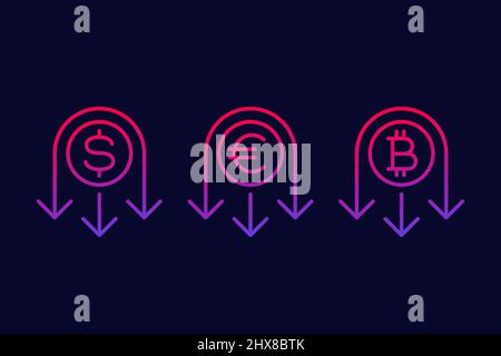 icône réduire les coûts avec dollar, euro et bitcoin Illustration de Vecteur