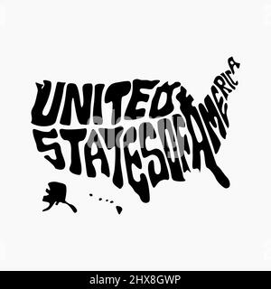 Lettres noires et blanches sur la carte des États-Unis d'Amérique. Carte typographique des États-Unis. Illustration de Vecteur