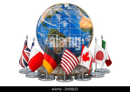 Drapeaux de tous les membres G7 autour du Globe de la Terre, salles de concept. Le rendu 3D isolé sur fond blanc Banque D'Images