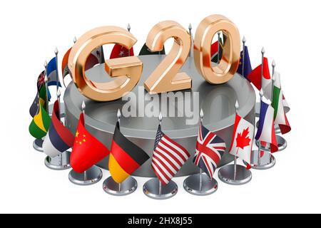 G20 concept de réunion, drapeaux de tous les membres G20. 3D rendu isolé sur fond blanc Banque D'Images