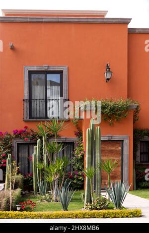 Mexique, Guanajuato, San Miguel de Allende, jardin de cour avant planté de cactus et d'autres plantes désertiques Banque D'Images