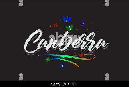 Texte manuscrit de Canberra blanc avec papillons et logo Swoosh Vector Illustration coloré. Illustration de Vecteur