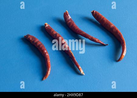 Piments séchés et déshydratés sur fond de studio en bois peint en bleu. Aliments et légumes. Banque D'Images