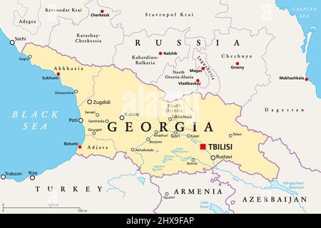 La Géorgie, la carte politique, avec la capitale Tbilissi, et les frontières internationales. République et pays transcontinental en Eurasie. Banque D'Images
