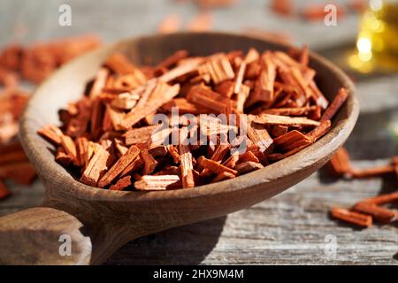 Copeaux de bois de santal rouge sur une cuillère en bois, gros plan Banque D'Images