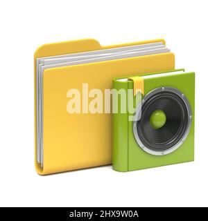 Icône de dossier jaune Illustration de rendu du livre audio 3D isolée sur fond blanc Banque D'Images