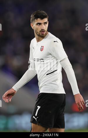 LEICESTER, ROYAUME-UNI. MARS 10th: Martin Terrier de Rennes lors de la Ligue de conférence UEFA Europa série de 16 match de première étape entre Leicester City et Rennes au King Power Stadium, Leicester, le jeudi 10th mars 2022. (Crédit : James HolyOak | MB Media) Banque D'Images