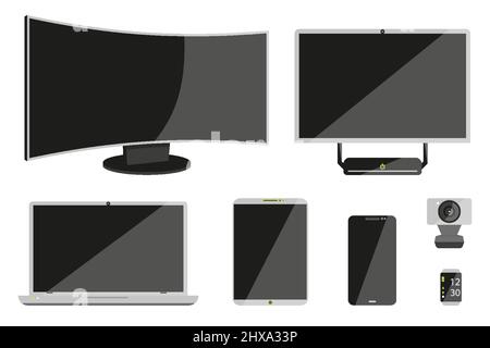 Appareil de gadget de bureau mobile pc technique jeu plat. Webcam Smart Watch électronique TECH ordinateur portable moniteur ordinateur portable tablette monobloc smartphone. Icône publicité techno écran tactile noir isolé Illustration de Vecteur