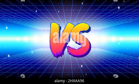 VS signe dans le style de jeu 80s avec le paysage synthwave et les lettres peintes à la brosse.Contre le symbole pour la bataille ou l'affiche de compétition Illustration de Vecteur