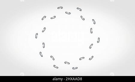 Marques de chaussures sur fond blanc. Animation abstraite de la marche devant des imprimés noirs sur fond blanc Banque D'Images