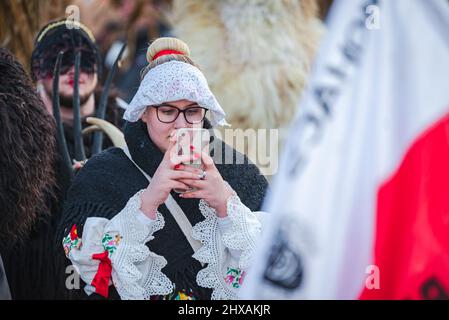 02.28.2022. Mohacs hongrie. festival du carnaval à la fin de l'hiver. Les préformeurs portent des clotes et des masques traditionnels. Ils dansent, marchent, Banque D'Images